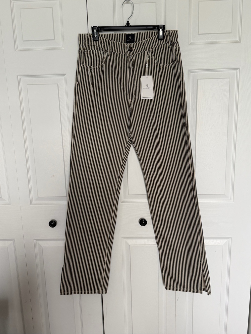 Anine Bing Roy Black and Tan Pinstripe jeans